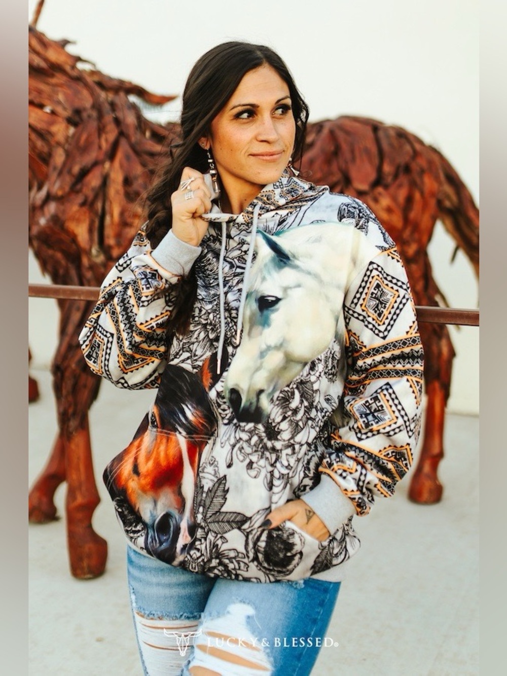 Lucky & Blessed Aztec Horse Printed Drawstring Hoodie